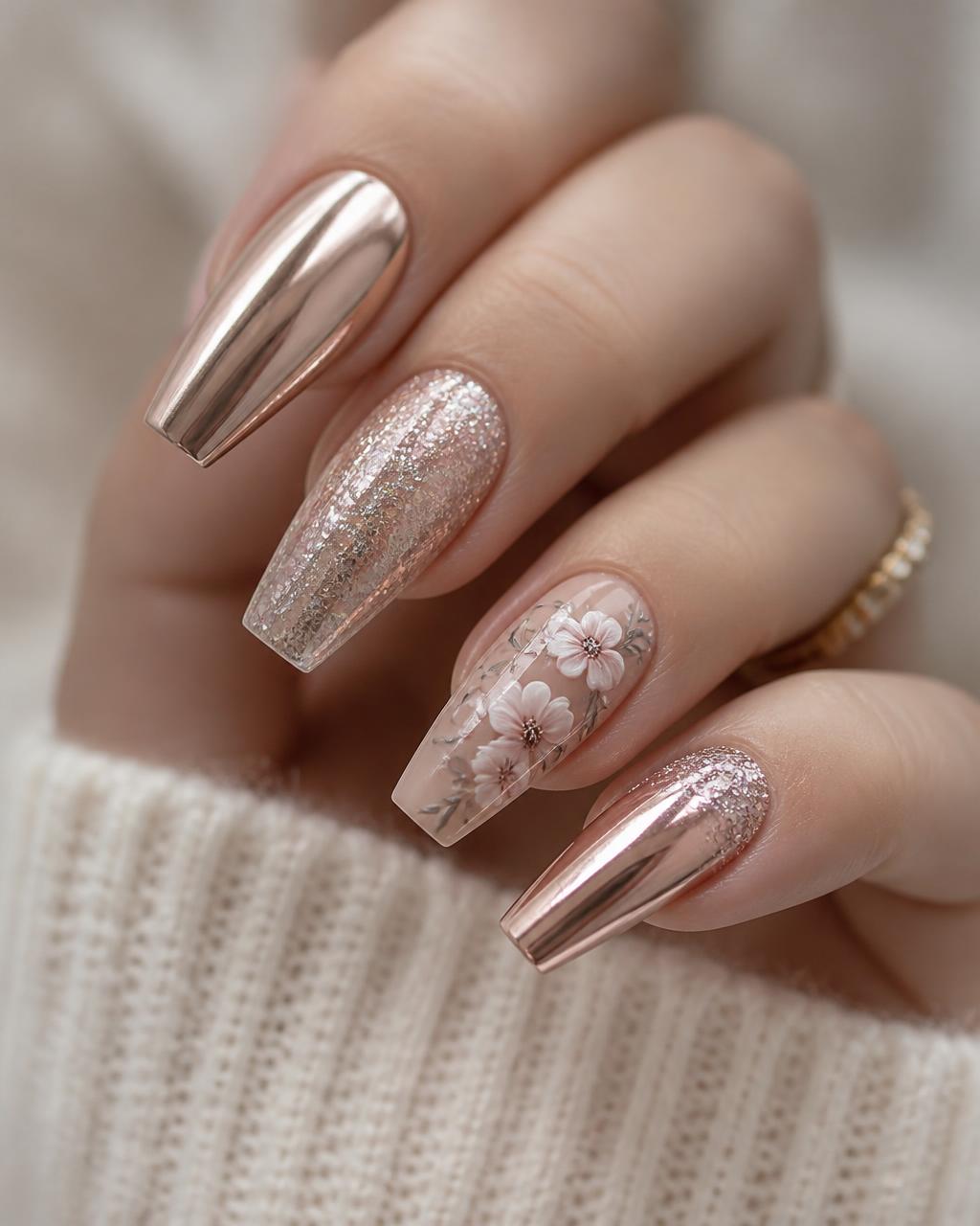 Chrome and floral nail art at Amor Nails & Spa